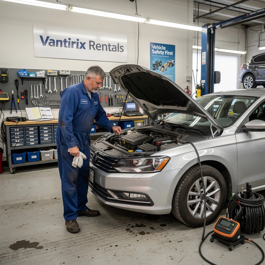 Ein modernes Mietwagenmodell, das für Geschäftsreisen geeignet ist, steht vor einem Bürogebäude.