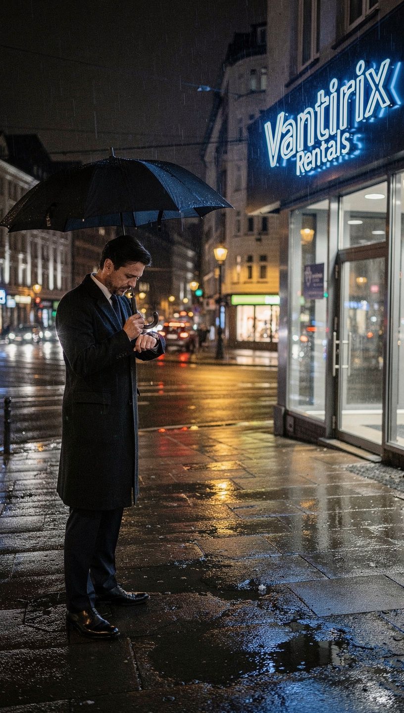 Ein Geschäftsmann, der einen Mietwagen zur Abholung nutzt, steht neben einem Fahrzeug.