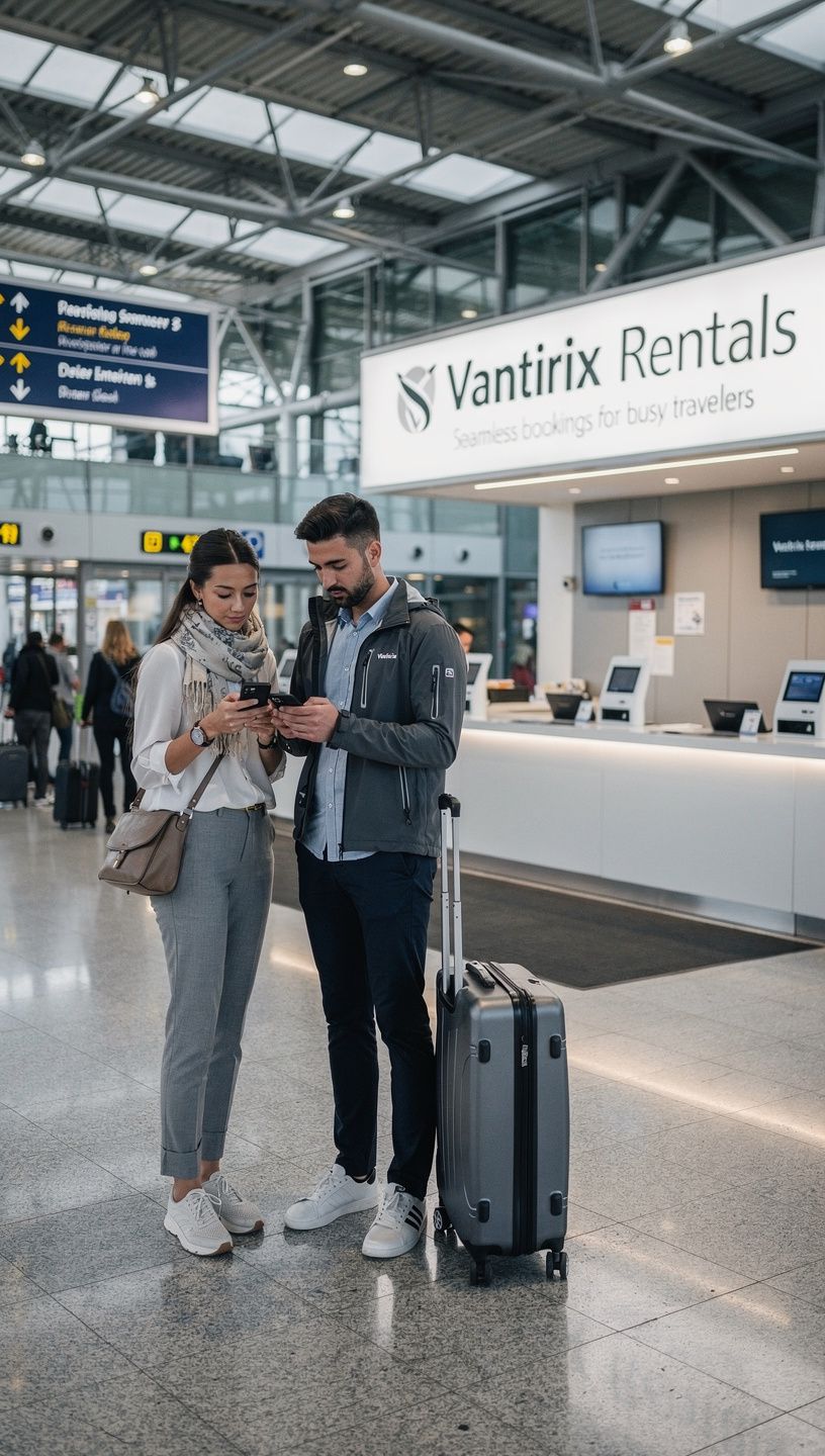 Ein Bildschirm mit einer Buchungsoberfläche für Mietwagen und Informationen zu den verfügbaren Optionen.